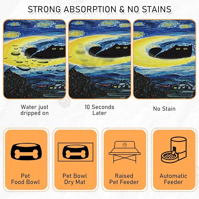 Dog Food Feeding Mat - Absorbent Diatomite Pet Dog Cat Bowl Mats for Food and Water, Anti Slip Dog Bowl Placemat for Floors, Quick Dry Pet Dish Matts Supplies, Black Cat Style, 12 * 20in