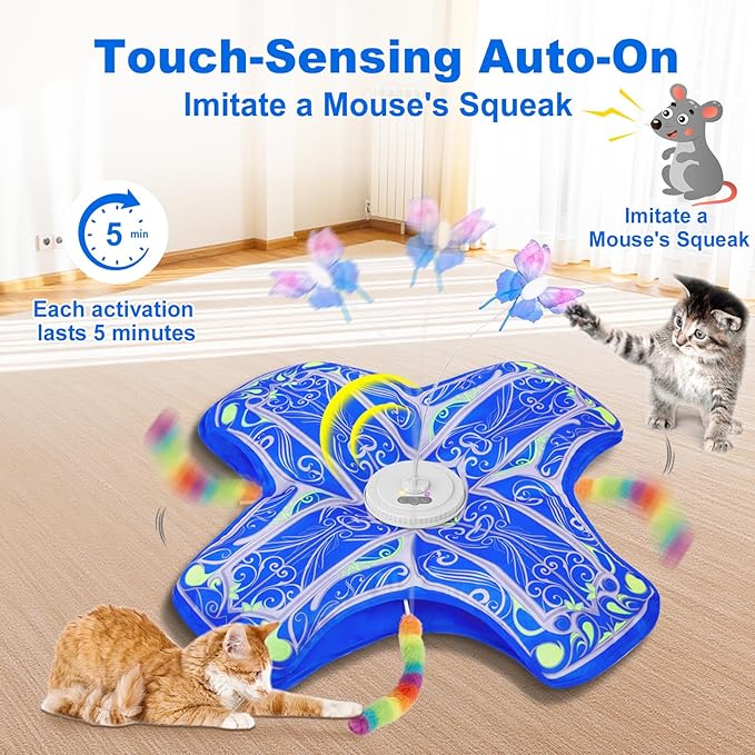 Interactive Cat Toys for Indoor Cats,[Newly Upgraded] Rechargeable Touch Activated Hide and Seek Kitten Toys for Bored Indoor Adult Cats with Fluttering (Blue)