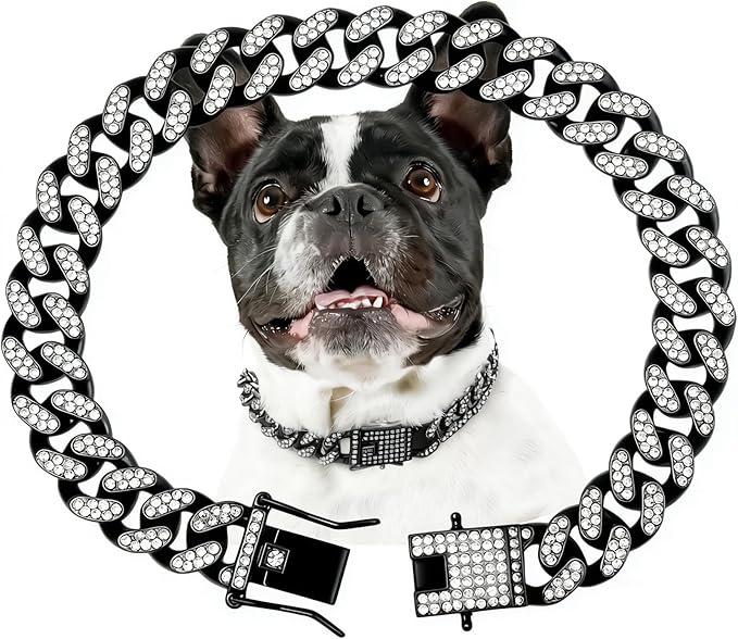 Dog Chain Collar Diamond Cuban Link Dog Collar (Black, 14inch)