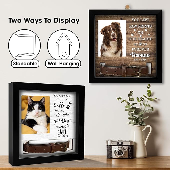 Personalized Pet Memorial Frame with Collar Holder, Engraved Pet Memorial Ornament, Dog Cat Sympathy Card, Loss of Dog Keychain Paw Prints Charm Sympathy Gift, Remembrance Gift for Cat Lovers
