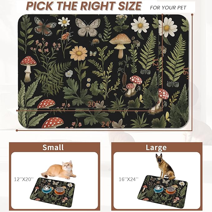 Red Mushroom Pet Feeding Mat,Fern Herb Butterfly Absorbent Quick-Dry Cat Dog Food and Water Bowl Mats,Non-Slip Rubber Backing Mat,Cat Dog Accessories Supplies 16"x24"