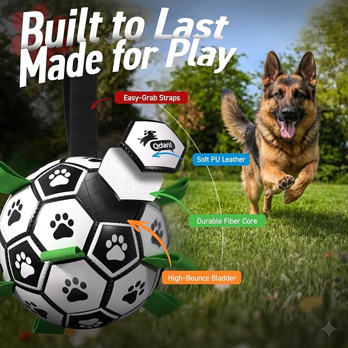 QDAN Dog Toys Extra Large Soccer Ball with Straps, Tug Toy, Water Toy, Durable Dogs Balls World Cup for Large（9 Inch）
