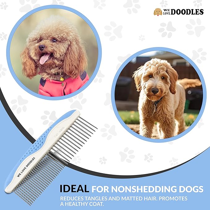 We Love Doodles Dog Comb (2 Packs) & Lavender Detangler Spray 16oz – Pet Grooming Essentials, Stainless Steel Rounded-End Dematting Metal Comb for Dogs, Dog Leave-In Conditioner Spray for Detangling