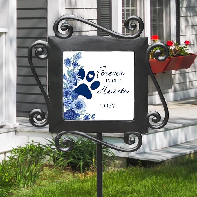 Personalized Pet Memorial Garden Stake Forever in Our Hearts Paw Print Tribute