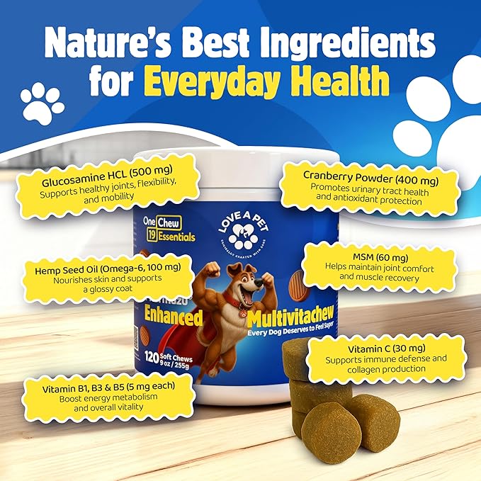 Enhanced Multivitachew – Dog Supplies Multivitamin Soft Chews with Glucosamine for Dogs – Supports Joints, Skin, Coat & Digestion – Dog Vitamins & Omega, Probiotics – 120 Bacon Chews