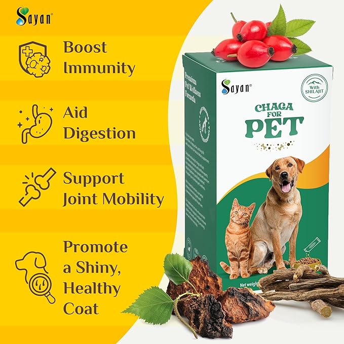 Sayan Chaga + Shilajit Pet Supplement (30 Sachets) – All-Natural Adaptogen Blend for Dogs & Cats – Immune, Joint, Energy & Digestive Support – Herbal Blend – 100% GMO-Free, Vet-Formulated
