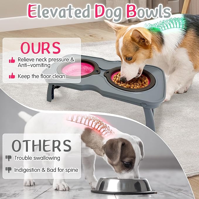 PINVNBY Elevated Dog Bowls Portable Raised Dog Bowl Stand with 2 Collapsible Silicone Food Bowl Non-Slip Travel Bowls for Medium Dogs and Cats (16.9" L x 7.9" W x 5.1" H)