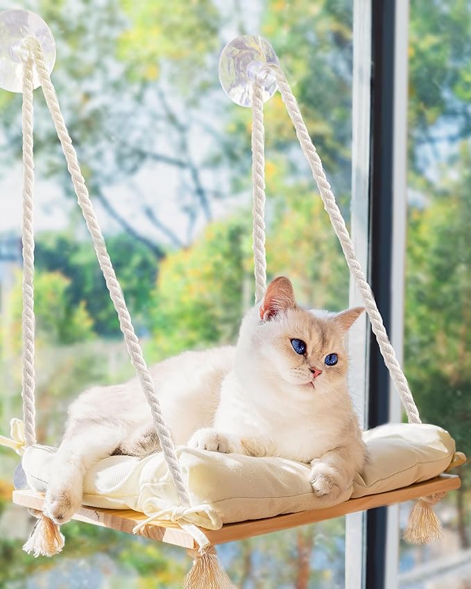 Cat Window Perch with Industrial-Grade Suction Cups - Solid Pine Wood Hammock Bed, Soft Cushion - 42 lb Capacity for Cats Inside