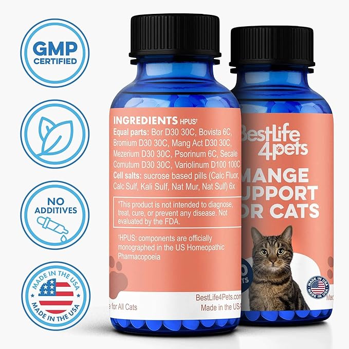 Mange Support for Cats, Natural Cat Itchy Skin, Paws and Ears Relief - Soothes Welts, Scabs, Red and Flaky Skin Reducing Excessive Grooming and Patchy Fur for a Healthy Coat (400 Tiny Tasteless Pills)
