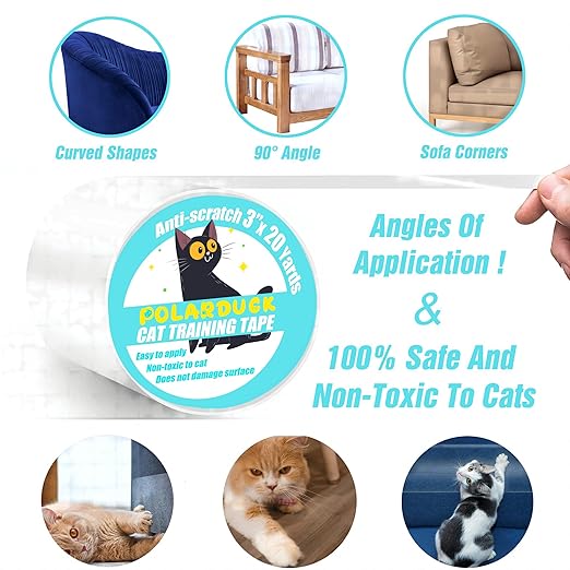 Polarduck Anti Cat Scratch Tape, 3 inches x 20 Yards Cat Training Tape, 100% Transparent Clear Double Sided Cat Scratch Deterrent Tape, Furniture Protector for Couch, Carpet, Doors, Pet & Kid Safe