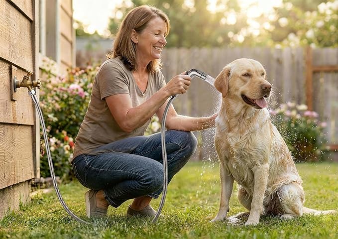 G-Promise Dog Shower Sprayer Attachment for Fast and Clean Pet Showering, Multifunctional Shower, Metal Diverter, 118 Inch Extra Long Hose, No Drill Hook, Dog Washing-Bathroom (Chrome)