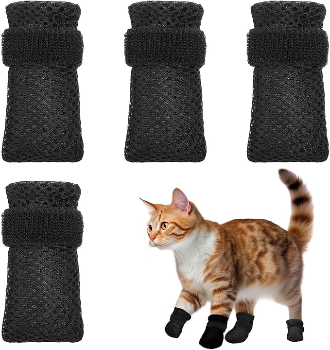 4 Pcs Adjustable Cat Claw Protectors Covers Cat Mittens to Prevent Scratching Mesh Breathable Cats Shoes Kitten Shoes Socks Booties Anti Scratch Kitten Foot Covers for Pet Bathing (Black, XL)