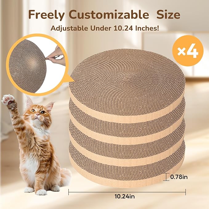 4pcs Cat Scratch Pad, Cat Scratcher Cardboard & Cat Scratching Pads - Round Cat Scratcher Refill, 10 Inch Diameter 7/8 Inch Thick cat scratchers for Indoor Cats