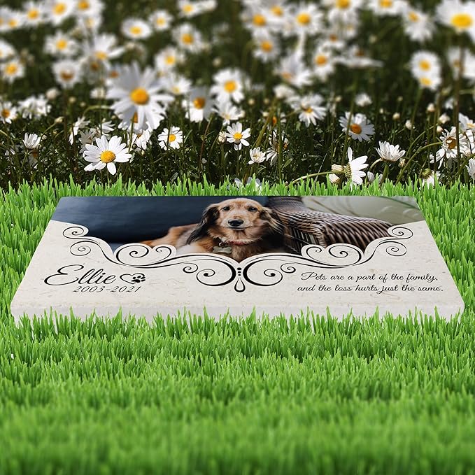 Custom Dog Memorial Stone, Personalized Pet Headstones for Dogs, Outdoor Pet Grave Markers with Photo Print and Text, Loss of Pet Sympathy Gift, 12”x6”x1.25" Pet Grave Stone (D. Ellie Design)