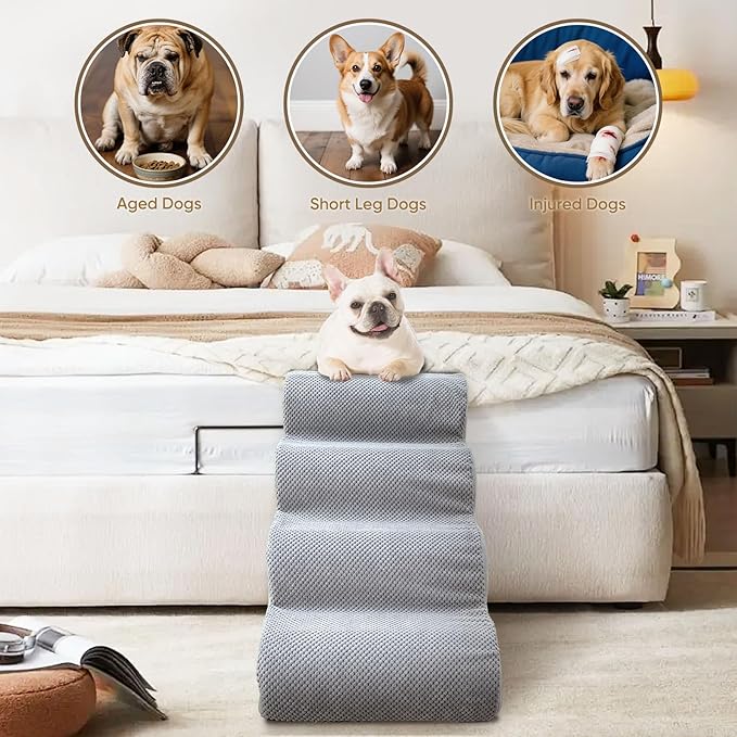 PAWSCART Dog Stairs for Small Pets, 17.7" H with 30D Material Soft Foam, Portable Ramp Non-Slip Surface Non-Slip for Couch and High Bed Climbing, 3-Step Stairs for Cat or Dog, LightGrey