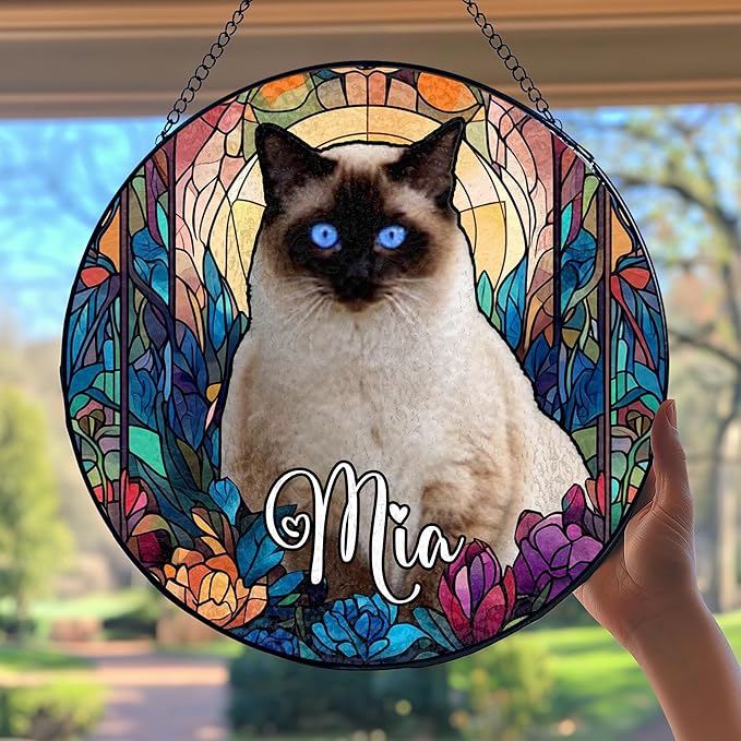Custom Cat Dog Portrait Art Suncatcher Stained Glass Window Hanging Remembrance Gift Indoor Decor Dog Bereavement Keepsake Loss of Pet Sympathy with Name Date Portrait