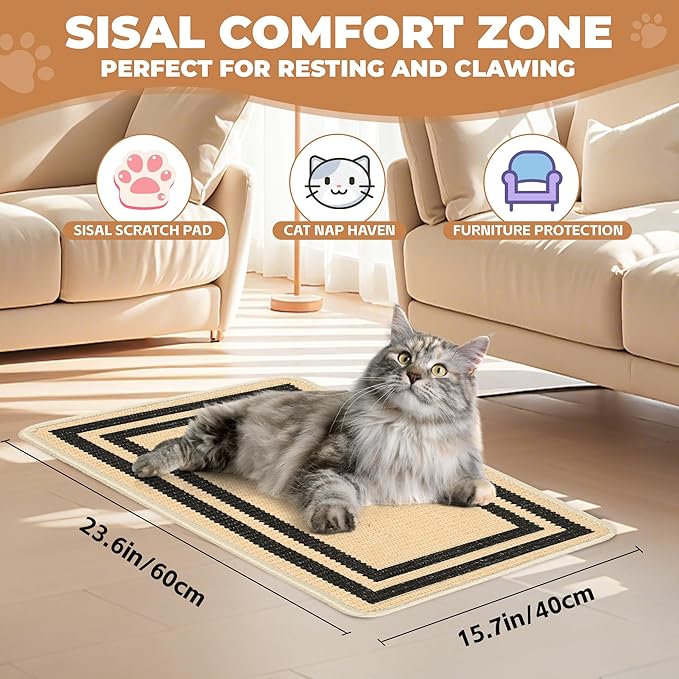 Cat Scratcher Mat, 23.6x15.7 Inch Natural Sisal Cat Scratch Pad, Horizontal Cat Scratching Pad Rug for Indoor Cats with Sticky Tapes, Protect Couch & Carpets（Beige Black）