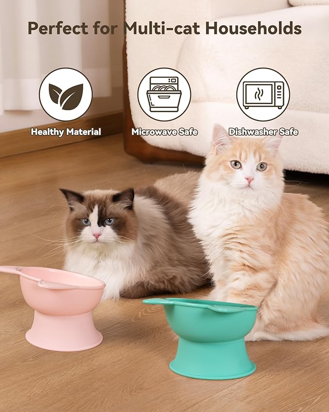 MateeyLife Elevated Cat Bowls, 2P Raised Food and Water Bowl Set for Indoor Cats & Small Dogs, Whisker Fatigue Cat Bowl, Anti Vomit Feeding Pet Bowls, 6 oz Each, Dishwasher Safe - Pink & Green