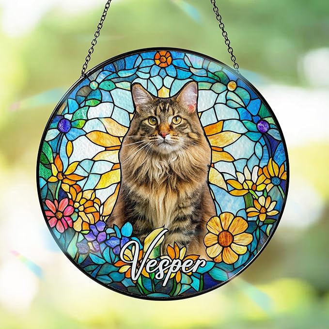 Personalized Cat Portrait Art Suncatcher Stained Glass Remembrance Gift Cat Indoor Decor Window Hanging Dog Bereavement Keepsake Loss of Pet Sympathy with Name Date Portrait