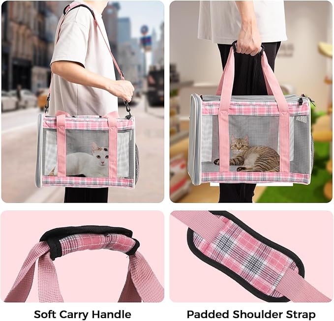 Soft Sided Cat Carrier for Large Cats Up to 20 Lbs, Collapsible Cat Bag Airline Approved with Upgrade Zipper Closures,17 * 12 * 12in Pet Travel Carrier for Small Dogs Puppy or 2 Kittens, Pink