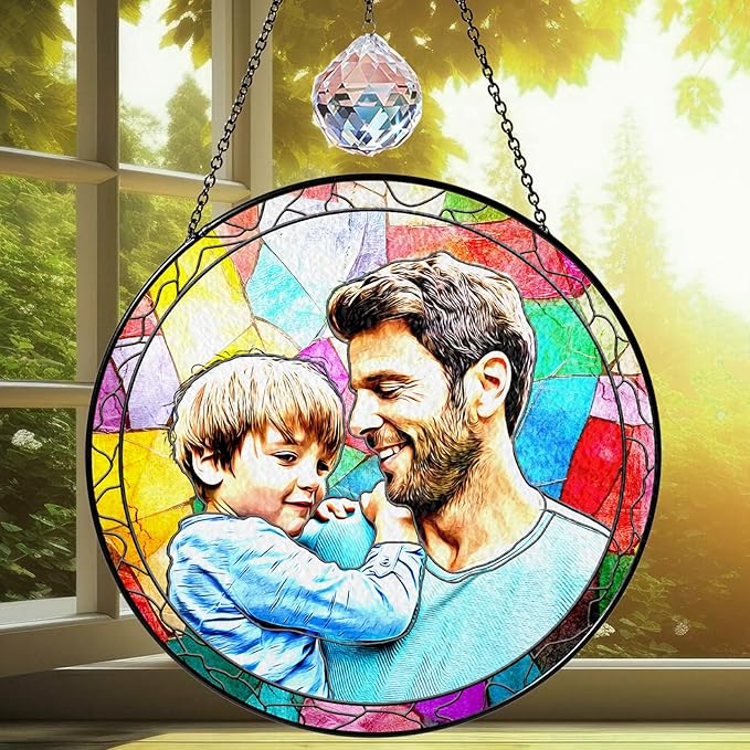 Personalized Grandpa Stained Glass Suncatcher, Photo Family Faux Stained Glass Window Hanging Ornament, Custom Photo Gift for Dad from Son Daughter, Birthday Gift for Grandpa, Uncle