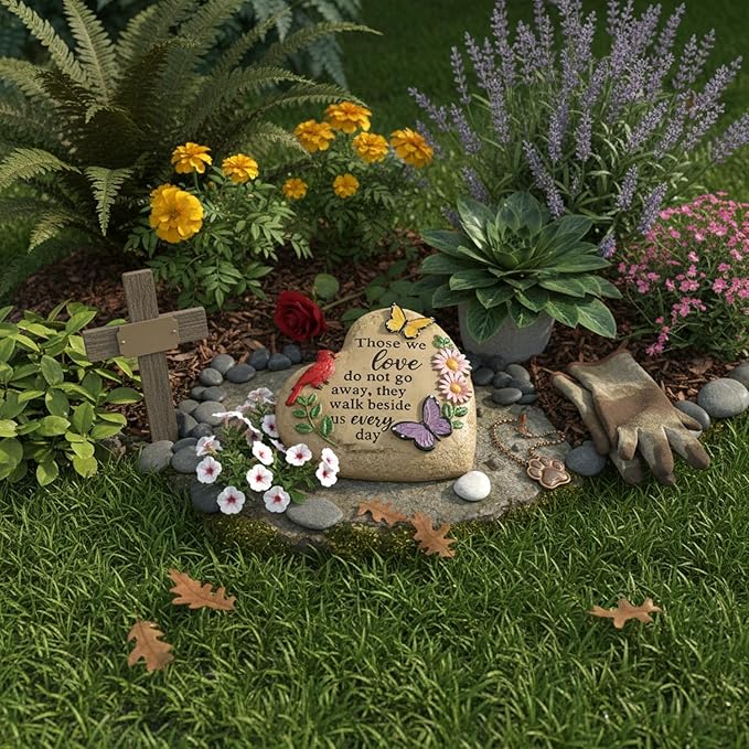 Memorial Garden Stone Cardinal Sympathy Gifts with Butterfly Flowers, in Memory of Loved One Gifts for Mother Father Cemetery Decorations for Grave Waterproof 6 inch