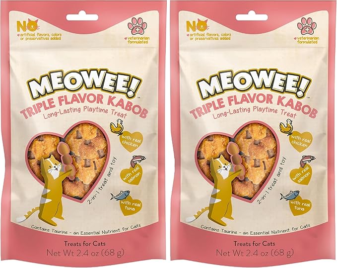MEOWEE! Triple Flavor Kabobs Cat Treat, 2.4 Ounce Bag, Long-Lasting Playtime Treat for Cats Made with Real Chicken, Salmon & Tuna (Pack of 2)
