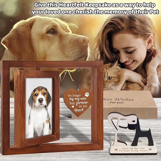 Pet Memorial 4x6 Picture Frame Wooden Rotating Walnut, Cat Remembrance Gifts, Pet Dogs Hair Keepsake Fur Jar Rainbow Bridge No Longer By My Side Heart Tag, In Loving Sympathy Animal Loss Gift PR-3W