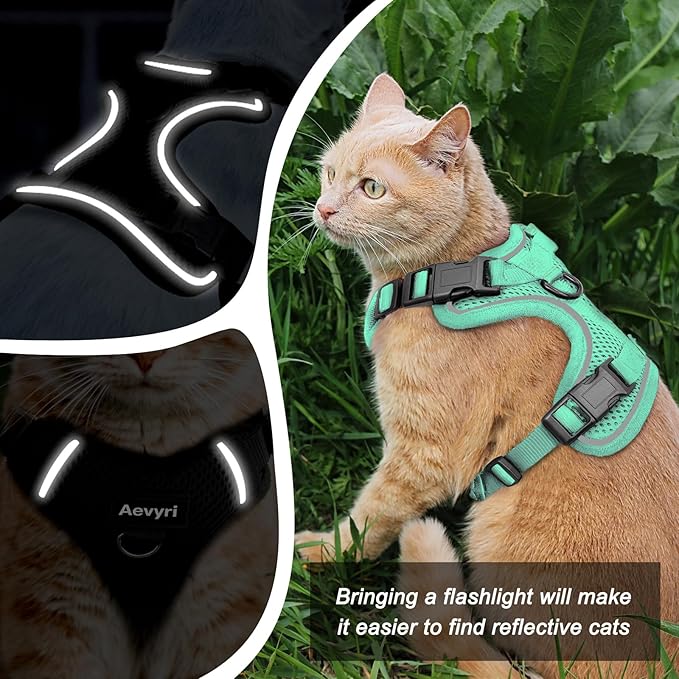 Cat Harness and Leash for Walking, The Upgrade Can be Adjusted in Four Directions and Breathable Cat Harness for Anti Escape that can be Fitted and Positioned, Reflective Strips Harness, Green, L