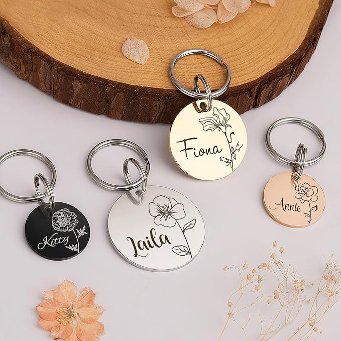 Anavia Floral Pet ID Tags, Birth Month Flowers Theme Dog Tag Round Bone Shape Cat Name Tag, Glossy Stainless Steel Gold Plated Dog Collar Tag (Round - Single Stem - Silver, Large)