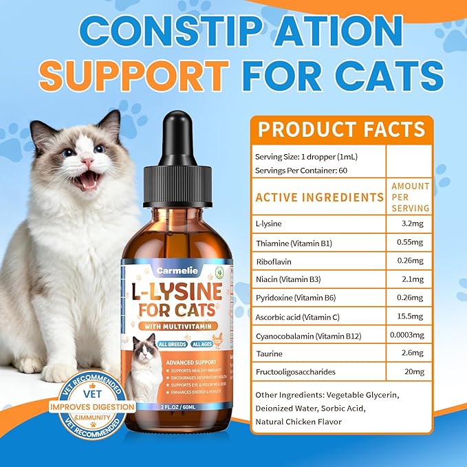 L-Lysine Supplement for Cats - Immune & Respiratory Support for Feline Health - Promotes Eye Function, Reduces Sneezing & Runny Nose - Natural Defense Boost - Roast Chicken Flavor, 60ML
