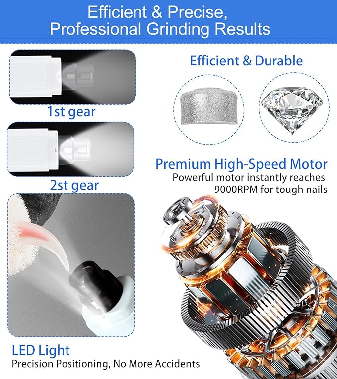 Electric Dog Nail Grinder with 2 Level LED Lights, 2 Speed Super Quiet and Low Vibration Electric Cat Nail Grinder - Rechargeable Pet Nail Grinder for Small Dogs Cats - White