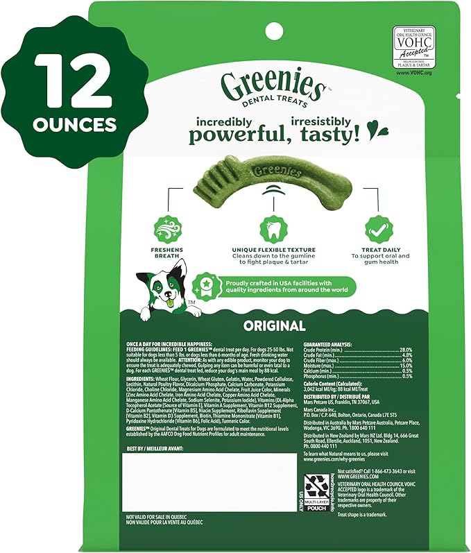 Greenies Veterinarian-Recommended Adult Natural Dental Dog Treats Regular Size, Dog Dental Chews, Original Flavor, 12 oz. Pack, 12 Count