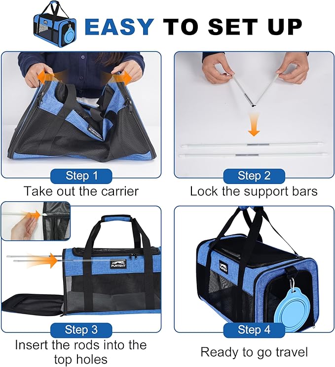 TSA Approved Pet Carrier for Kitten and Puppy, Cat Carrier Soft Fits Pets up to 13 lbs, Dogs Travel Bag with Bowl Foldable, Ideal for Travel, Car Rides, and Vet Visits, Dark Blue