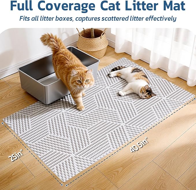 Extra Large Cat Litter Mat, 40x25 Inch Trimable & Soft Foam Pad, Leak-Proof & Non-Slip Bottom, Machine Washable, Scatter Control for Litter Box Area (Beige Geo)