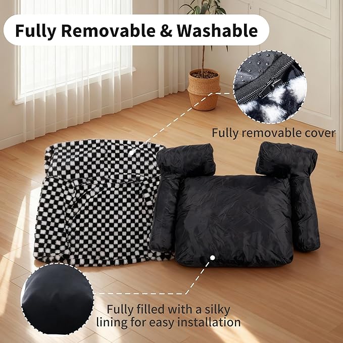 Faux Fur Cat & Dog Sofa Cat Couch Mini Cat Bed Indoor Human Style Pet Sofa, Modern Pet Furniture for Cats, Washable ＆ Removable Cover, for Cats and Small Medium Dogs (Black/White, X-Large(36X27 inch))