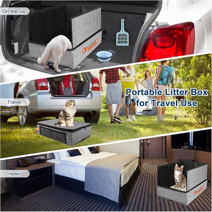 17.7''x 13.5''x 13.7" Travel Litter Box for Cats, Collapsible Cat Litter Box with Lid, Portable Cat Box with Zipper & Hard Bottom, Leak-Proof Kitty Litter Pan for Car Hotel Airplane, Water-Resistant