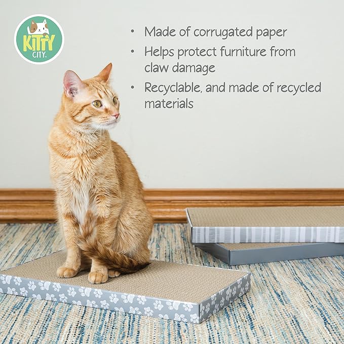 Kitty City Cat Scratcher– 3-Pack Durable Corrugated Cardboard Scratch Pads with Catnip – Double-Sided for Longer Use, Cat Claw Maintenance & Furniture Protection - Size: 10" x 18" - Grey & White