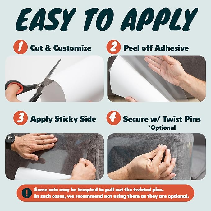 Anti Cat Scratch Furniture Protector, 8-Pack Couch Protector from Cat Claws – Heavy-Duty, Easy-to-Apply Scratching Deterrent and Shield for Sofa Corners, Walls, and Doors- with 50 Twist Pins