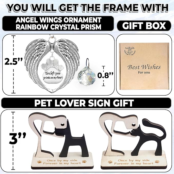 Pet Memorial Rotating Wooden Picture Frame with 4x6 Photo, Dog Cat Angel Wings Sympathy Ornament Crystal Rainbow You Left Pawprints on My Heart, Dog Bereavement Remembrance Gifts In Loving Frame PR-4R