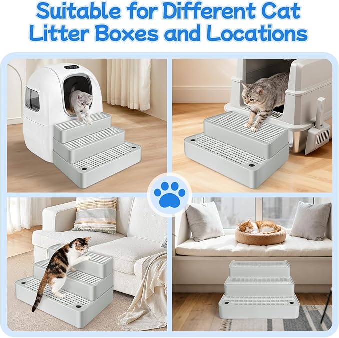 Extra Large 3 Steps Litter Box Ramp, Adjustable Cat Litter Box Step with Filter Function, Easy to Clean Cat Litter Stair Catcher for Elderly Cats and Kitten (Light Grey)