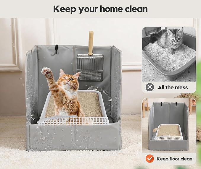 Upgraded PVC Waterproof Cat Litter Box Enclosure Splash Guard with Front Barrier, Cat Box Enclosure with Leak-Proof Bottom, Removable Mat & 2 Scoop Hooks-24.02 x 16.14 x 16.14 in