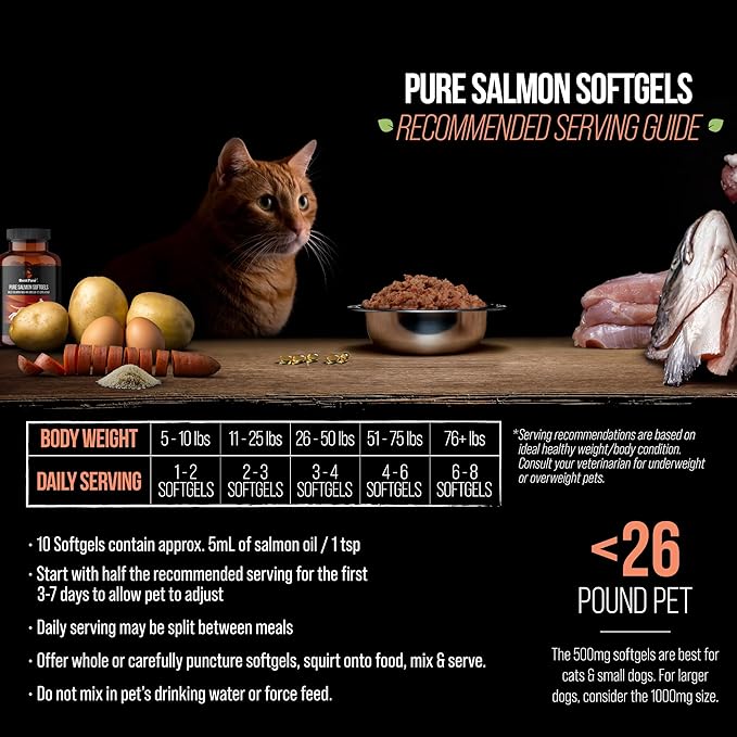 Best Paw Nutrition - Pure Salmon Soft Gels for Dogs & Cats - Omega 3 Capsules Supplement - Skin & Coat, Eyes, Heart Health - Joint Support Vitamins Pets Love - 500mg