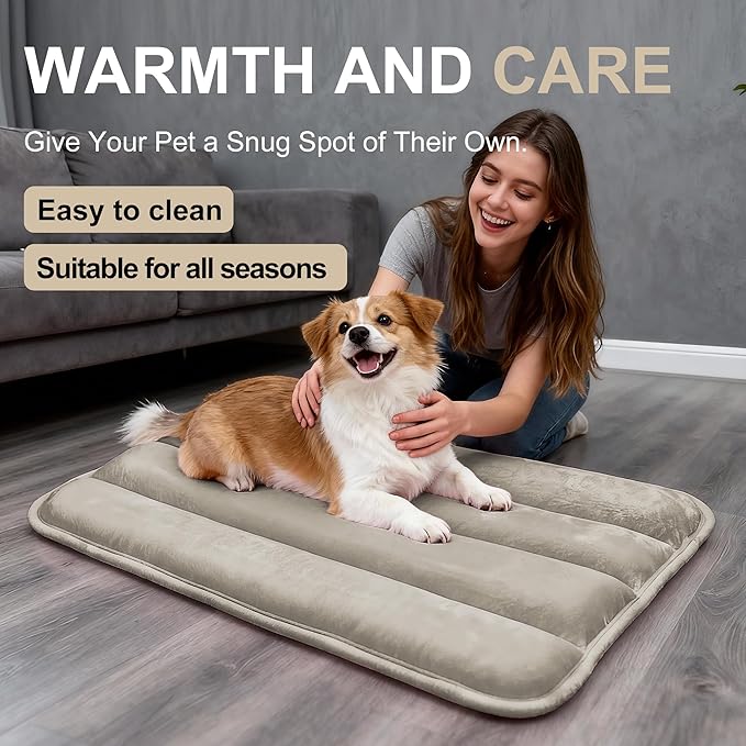 Dog Bed Mat, Reversible Dog Crate Pad with Washable Kennel Mat and Soft Foam, Flat Pet Bed for Dogs & Cats, for Crates Carriers & Travel (Light Brown, 28" L*16" W*1.5" Th)