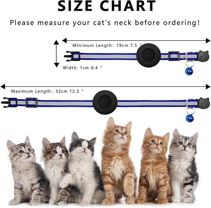 Cat Collar with Air Tag Holder, Reflective Kitten Collar with Bell, Breakaway Airtag Cat Collar for Boys Girls Cats, GPS Tracker for Cats 0.4’’ Width Adjustable Safe Kitty Collar, Blue