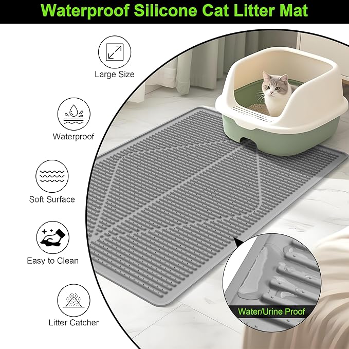 Mofason Cat Litter Mat XXL - Waterproof Kitty Litter Box mat for Floor - Extra Large Pet Trapping Litter Rug Pad - Silicone Cat Supplies & Accessories for Indoor Cats (38" x 25") -Grey