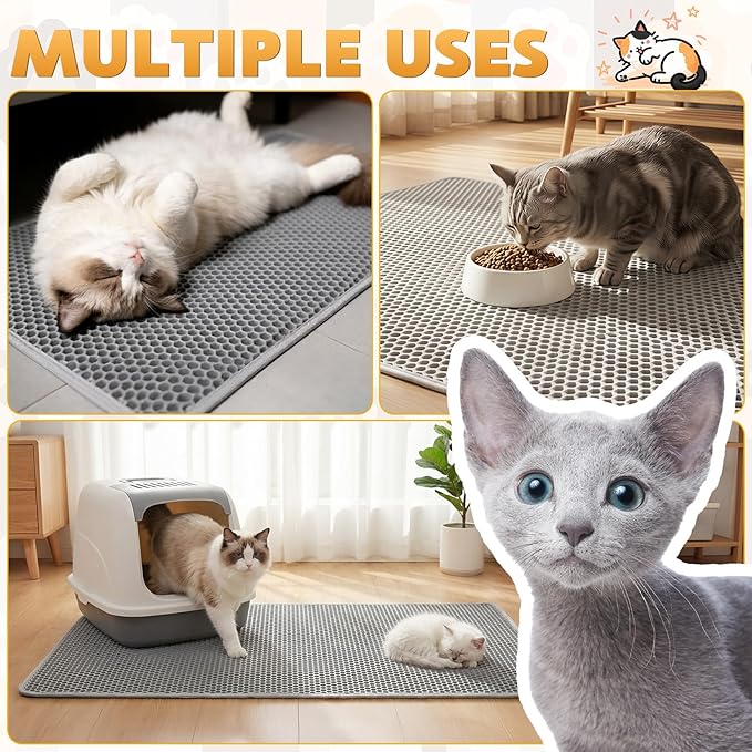 Cat Litter Mat, Honeycomb Double Layer Waterproof & Urine Resistant Non-Slip Litter Trapping, Easy Clean Washable Scatter Control for Litter Box (Gray, 46x26 Inch)
