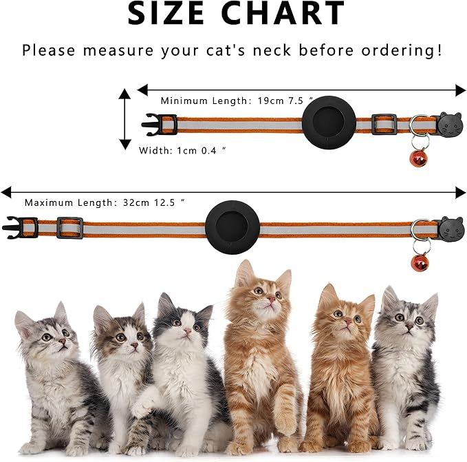 Cat Collar with Air Tag Holder, Reflective Kitten Collar with Bell, Breakaway Airtag Cat Collar for Boys Girls Cats, GPS Tracker for Cats 0.4’’ Width Adjustable Safe Kitty Collar, Orange