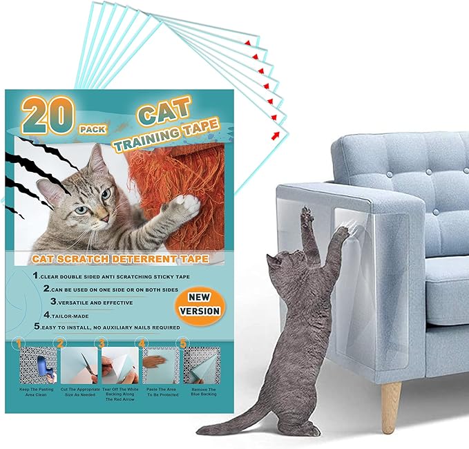 20pack Cat Scratch Deterrent Tape, Cat Scratch Furniture Protector, Clear Double Sided Anti Scratching Sticky Tape Couch Protector for Cats Training Tape, Cat Repellent for Furniture