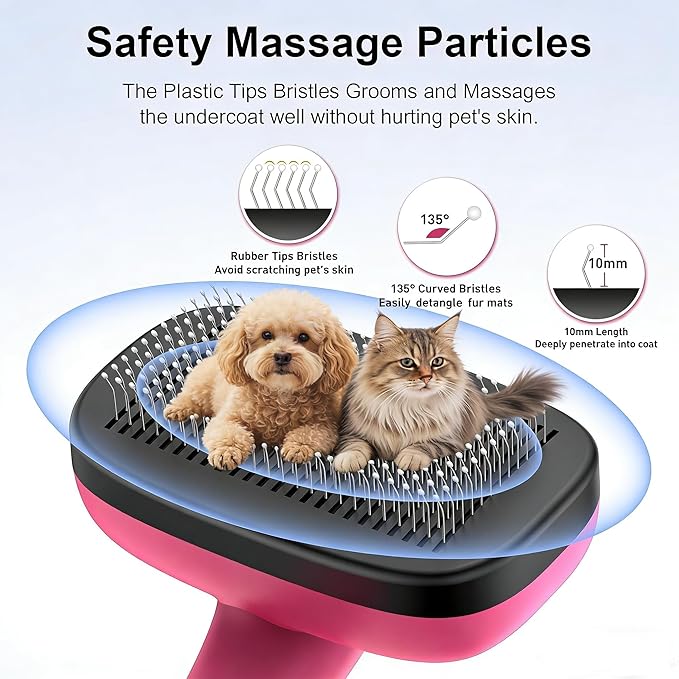 Self Cleaning Slicker Brush for Dog, Cat, Skin Friendly Shedding & Grooming Tool for Long and Short Haired Pets, Easy Clean Retractable Bristles, Pink
